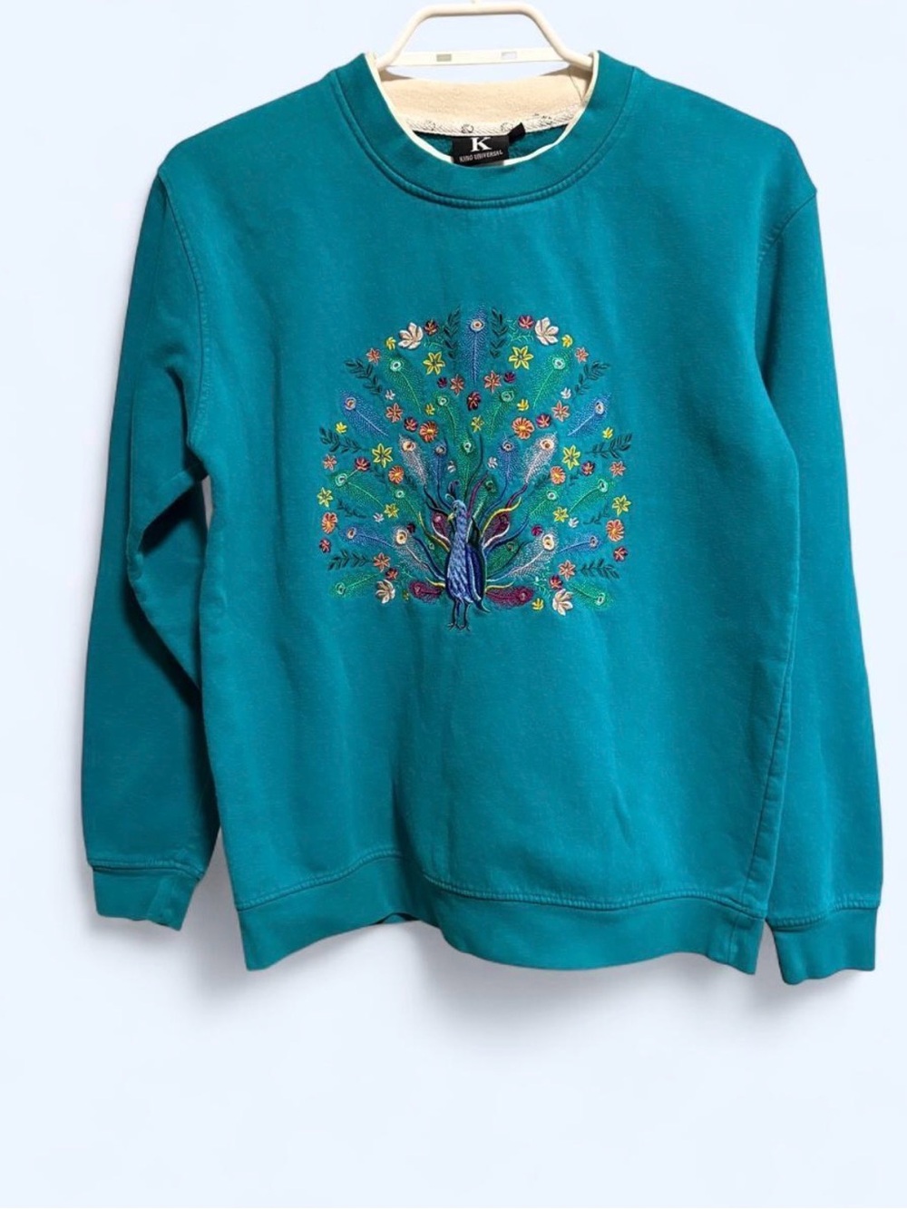 Vintage Teal Embroidered Peacock Sweatshirt
